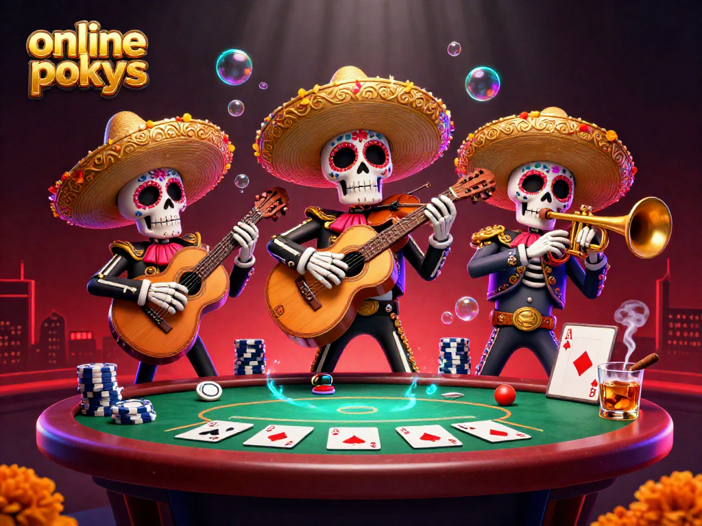 Experience thrilling online pokies with vibrant mariachi skeletons amidst colorful poker elements.