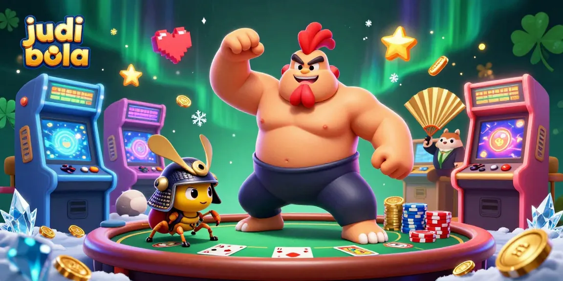 Engage in judi bola with a vibrant 3D scene featuring a powerful sumo wrestler rooster and a samurai cricket.
