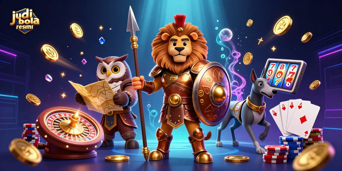 Experience thrilling judi bola resmi action with a Spartan lion, tactical owl, and swift greyhound amidst casino elements.