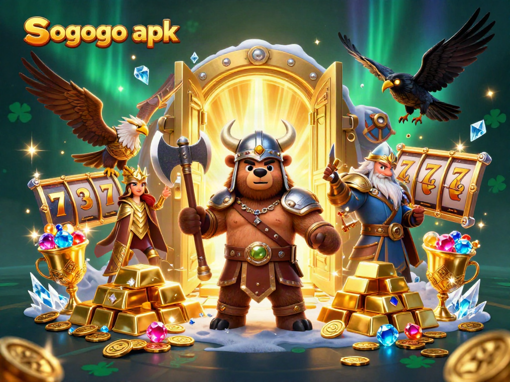 Engage with Sogogo apk and experience thrilling slot action with Viking characters and gold treasures.