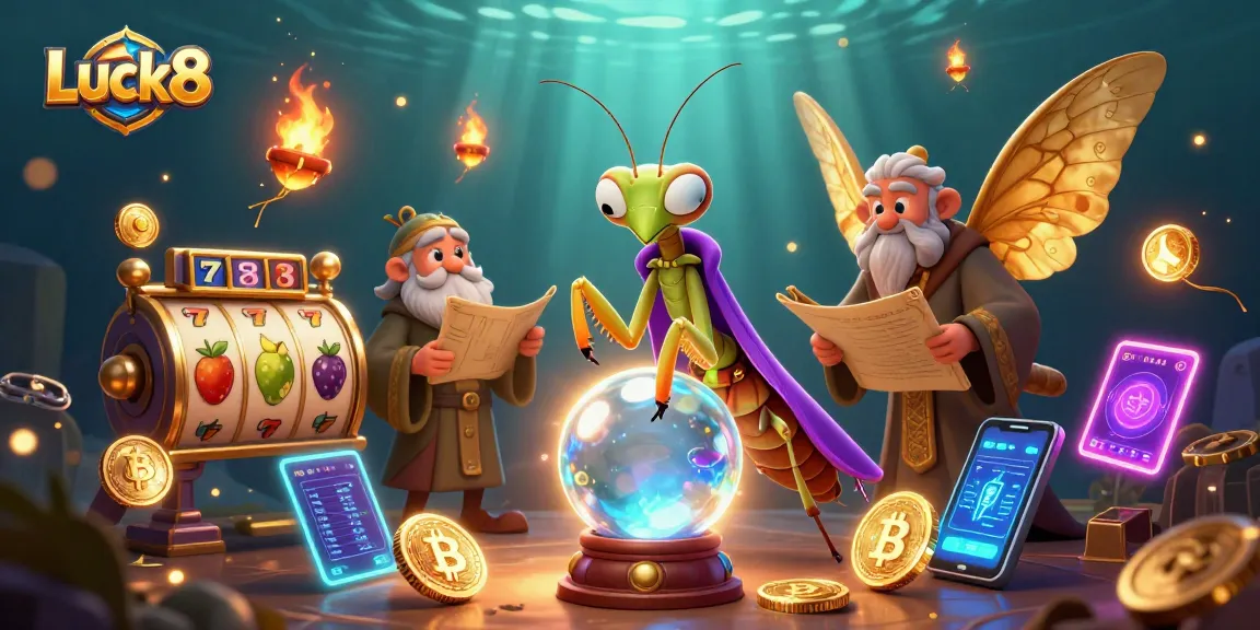 Play with Luck8 at this vibrant casino scene featuring slot reels, colorful characters, and glowing crypto elements.