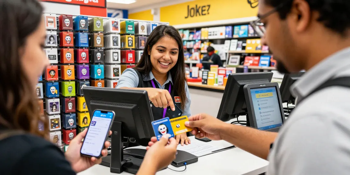 Customer performing a Joker card balance check on a smartphone while purchasing a Joker Prepaid Card in a vibrant retail setting.