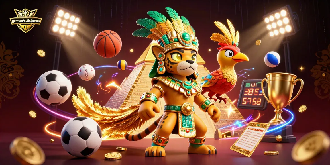 Experience thrilling betting with germanfoodatjosies featuring a Mayan priest and vibrant sports elements.