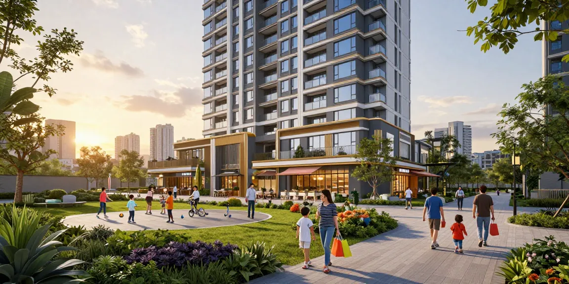 Dover Residences luxurious condominium with families enjoying amenities and vibrant commercial area at sunset.