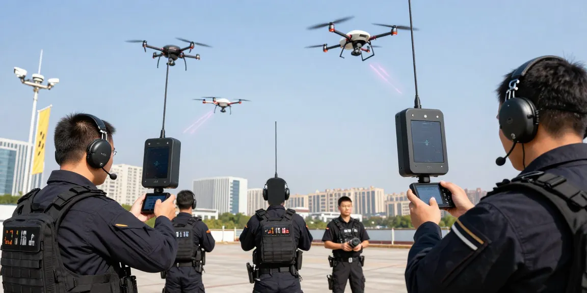 Security personnel operating drone jammer module in urban environment to disrupt drone activity.
