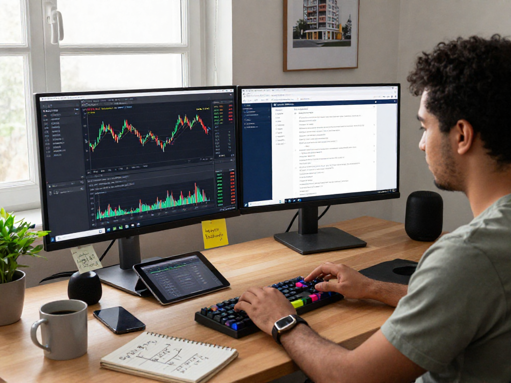 Developer coding with global index real-time API data on dual monitors in a modern workspace.