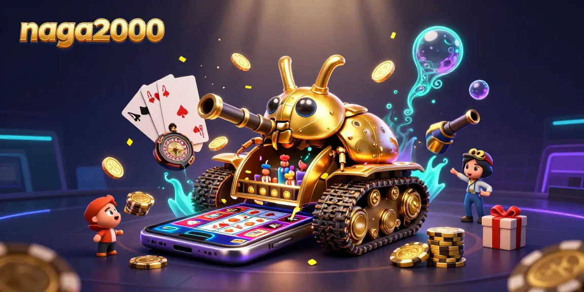 Naga2000 menampilkan kasino miniatur di dalam tank kumbang emas, dengan permainan slot menggiurkan.