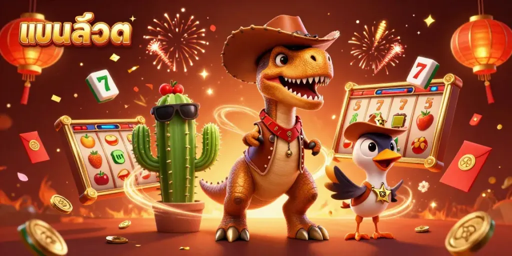 Engaging scene featuring a T-Rex cowboy and sidekick characters enjoying แบบสล็อต action amidst vibrant casino elements.