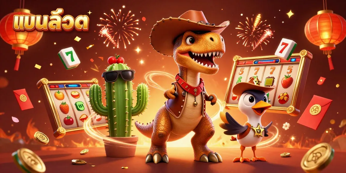 Engaging scene featuring a T-Rex cowboy and sidekick characters enjoying แบบสล็อต action amidst vibrant casino elements.