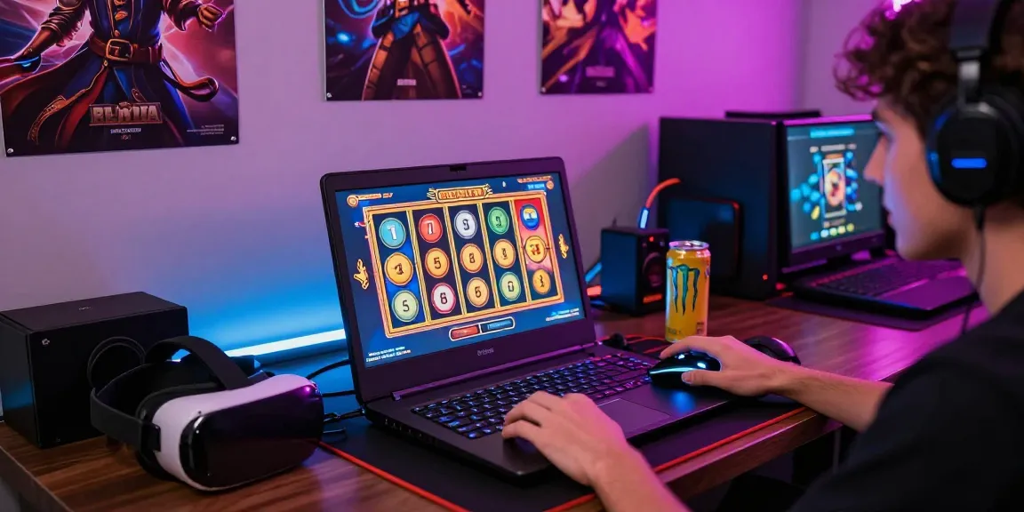 Player enjoying online slot gaming on สล็อตทรูวอลเล็ต with vibrant visuals and gaming accessories.