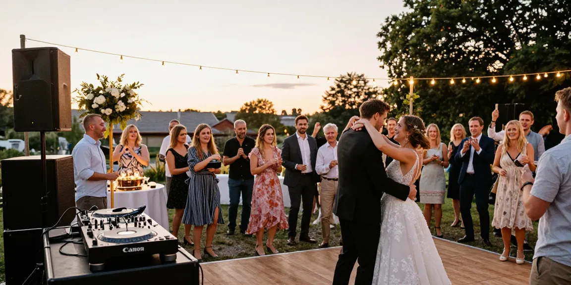 DJ für Hochzeit Berlin mit festlicher Stimmung und tanzenden Gästen im Freien.