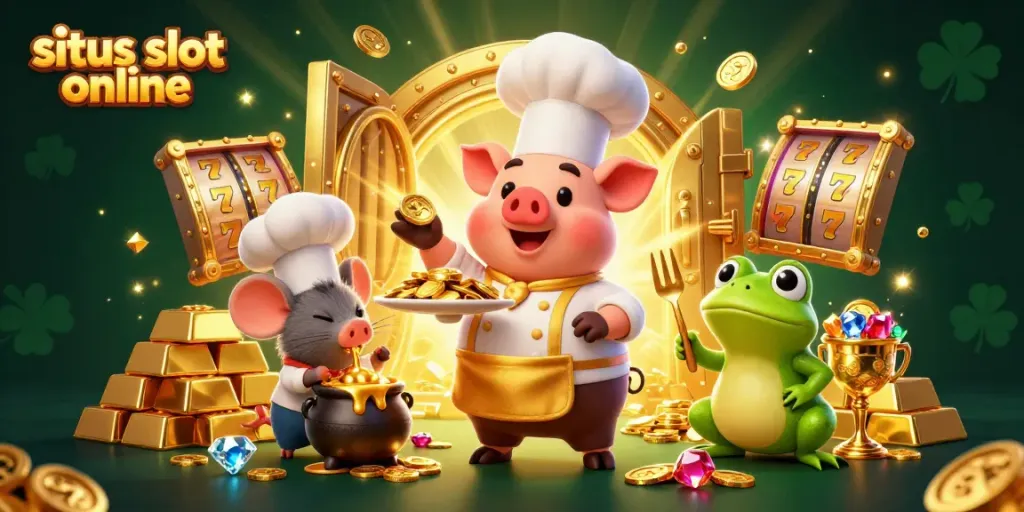 Menggugah semangat para pemain situs slot online dengan ilustrasi karakter kartun yang menampilkan chef babi, koki tikus, dan kritikus katak di tengah kekayaan emas.
