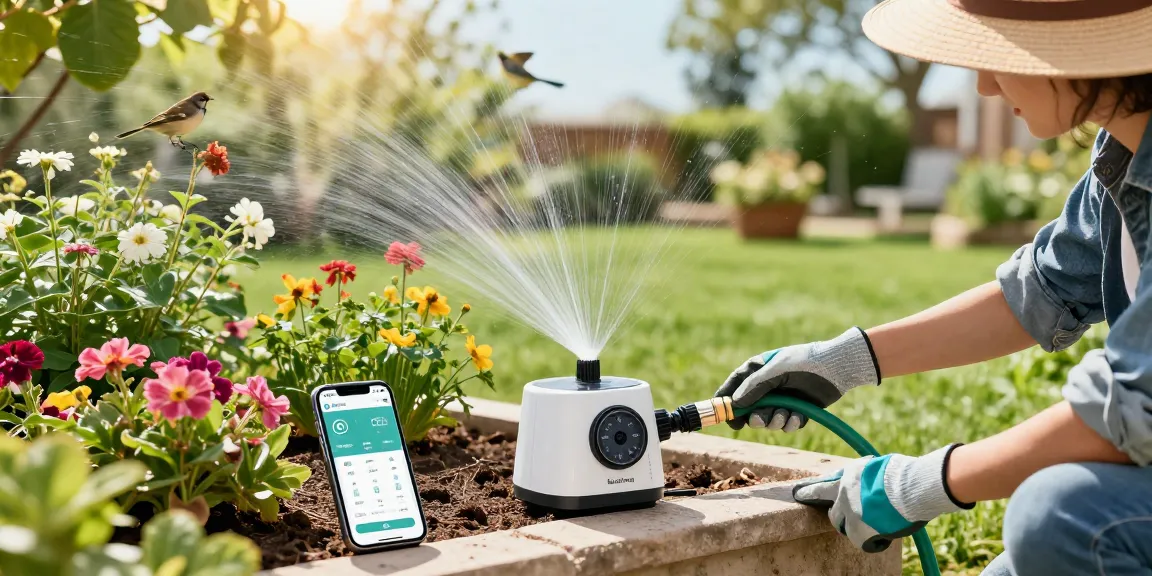 Gardener using the RainPoint automatic watering system in a vibrant garden, connecting hoses and checking moisture levels on a smartphone.