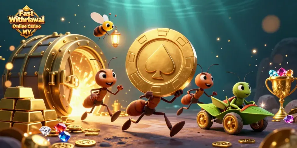 Experience thrills with Fast Withdrawal Online Casino MY as ants heist a giant poker chip in a vibrant 3D scene.