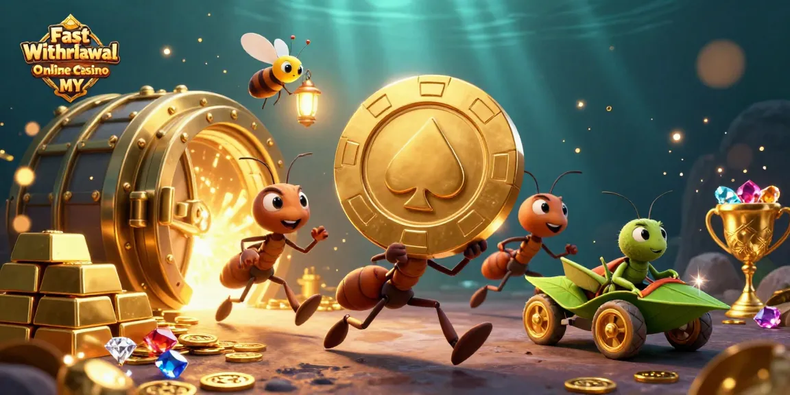 Experience thrills with Fast Withdrawal Online Casino MY as ants heist a giant poker chip in a vibrant 3D scene.
