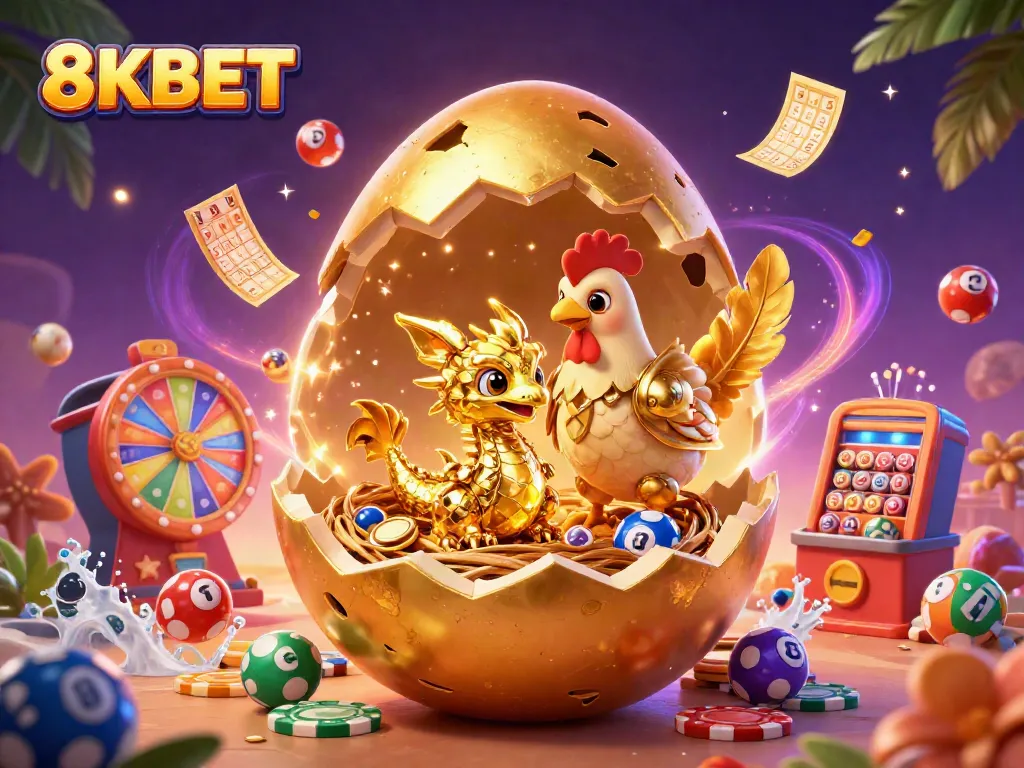 Experience the excitement of 8KBET with an ultra-detailed scene of a golden dragon and rich casino elements.