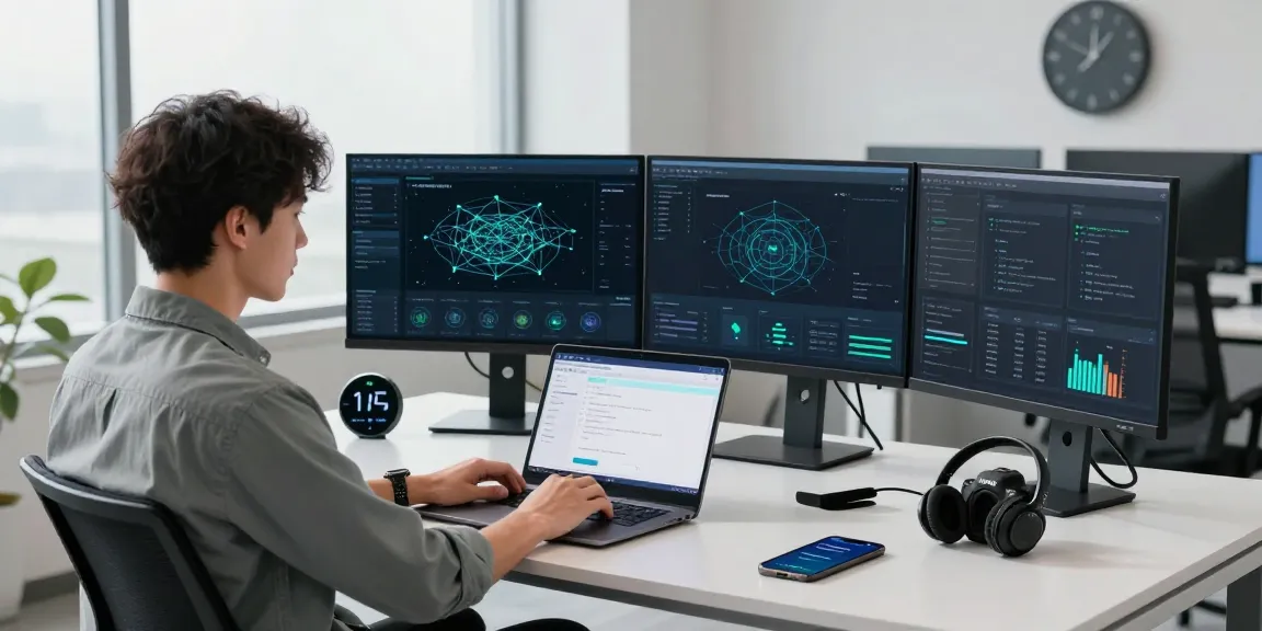 Professional in a modern office setting configuring 快连 network acceleration on multiple screens for optimized performance.