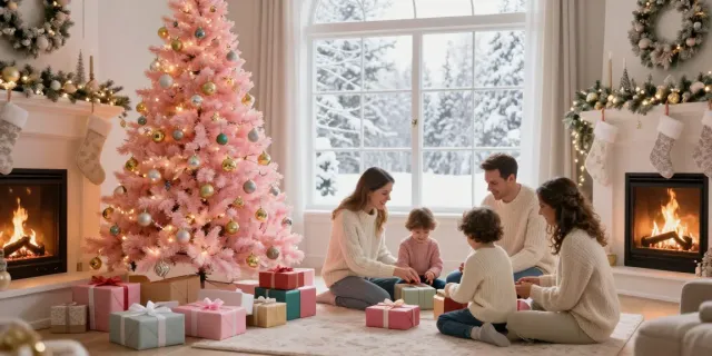 Cozy living room featuring a beautifully decorated pink Christmas tree surrounded by family and holiday gifts.