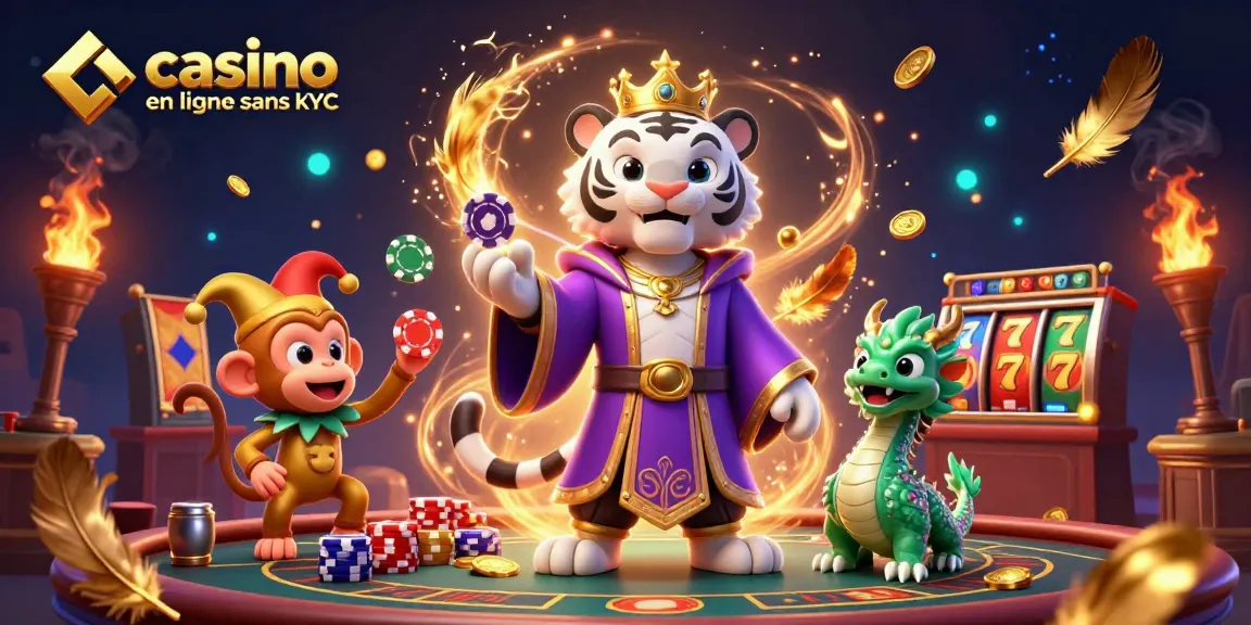 Illustration captivante représentant un casino en ligne sans kyc, avec un tigre élégant et un singe jonglant.