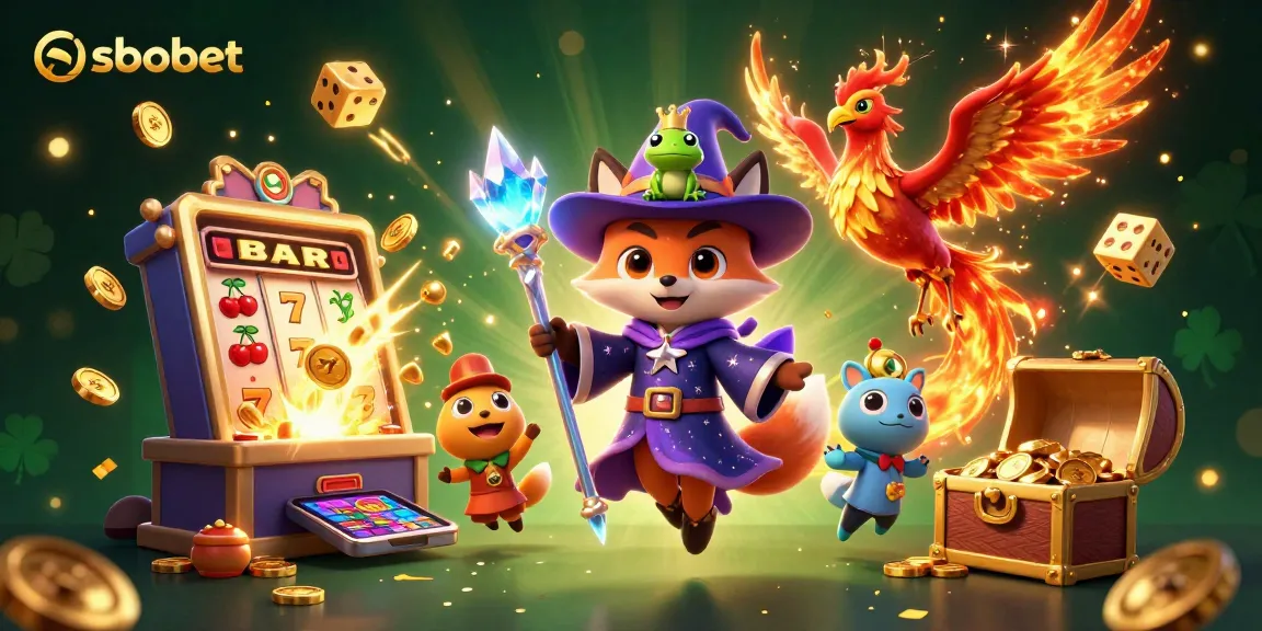 Experience thrilling sbobet gameplay with this vibrant casino scene featuring a mystical wizard fox and phoenix.