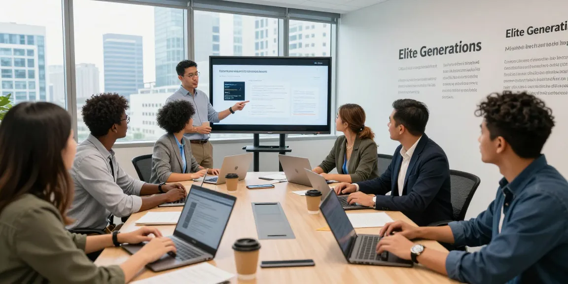 Employee training session at Elite Generations with diverse team collaborating in a modern office