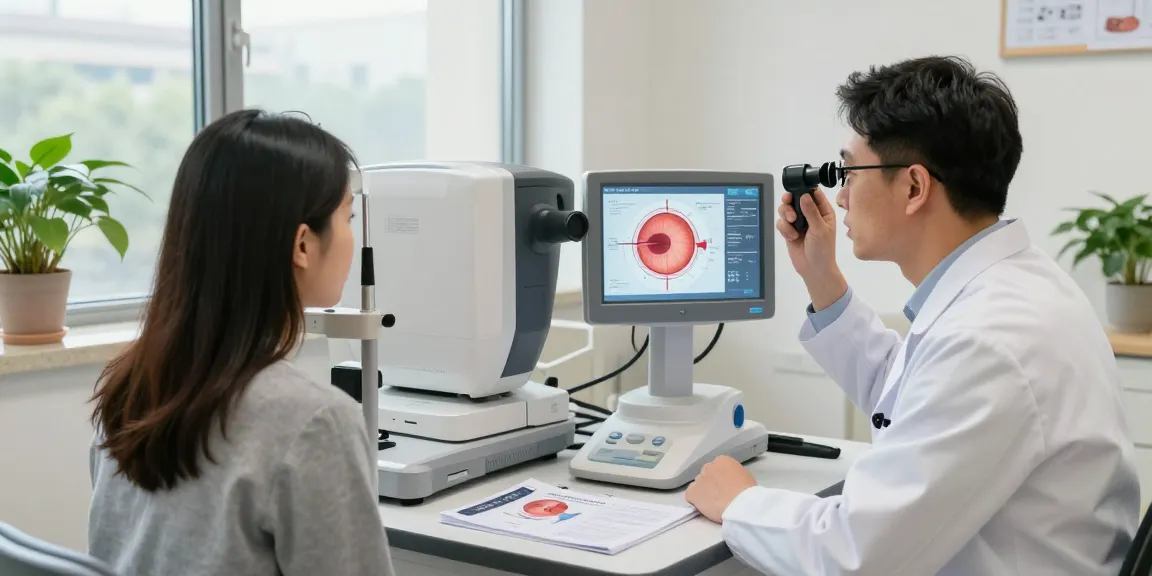 Ophthalmologist explaining glaucoma treatment to a patient in a modern clinic.