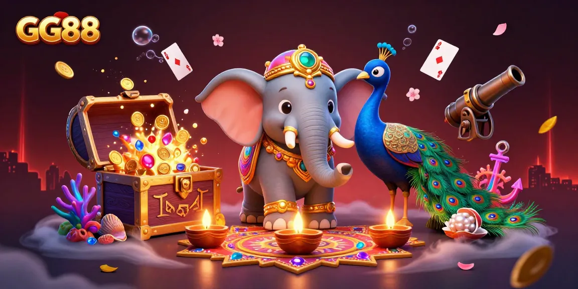 Experience excitement with GG88's vibrant 3D casino illustration showcasing games and rich symbolism.