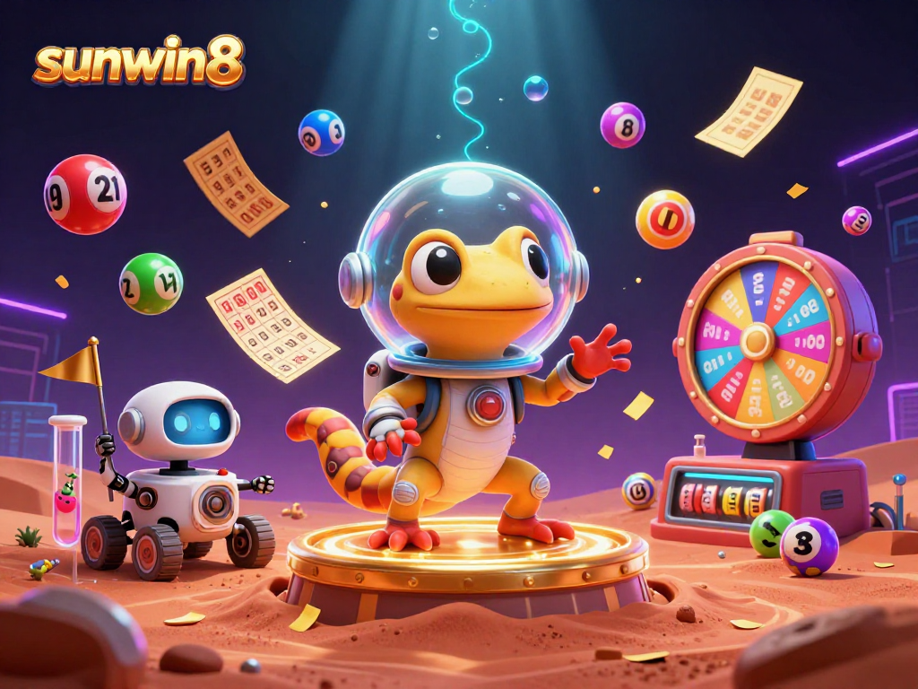 Engage in thrilling lottery adventures with sunwin8's Martian gecko meeting excitement in a colorful casino.