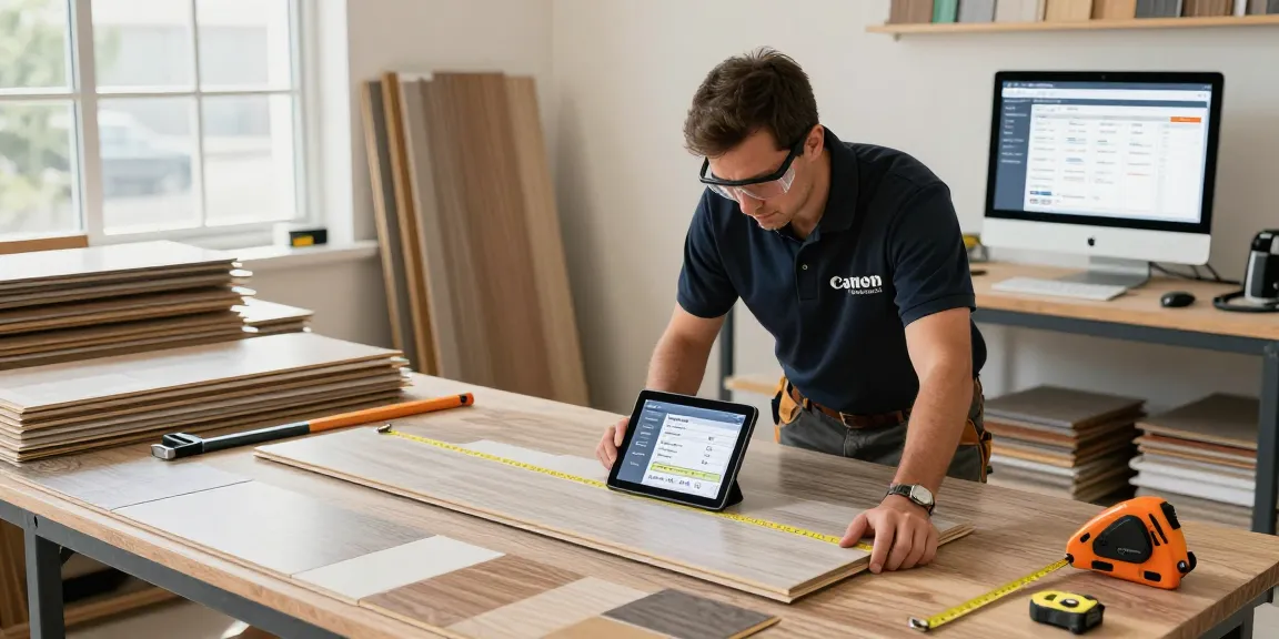 Installer using flooring business software on a tablet in a professional workspace, surrounded by flooring materials and tools.