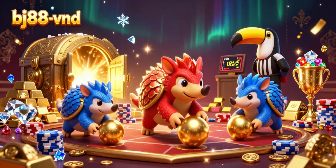 Enjoy the excitement at bj88-vnd as rival pangolins compete amidst poker chips and treasures.