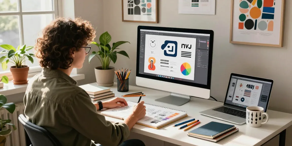 Grafik freelancer przy biurku, projektując logo z kreatywnymi narzędziami w nowoczesnej przestrzeni.