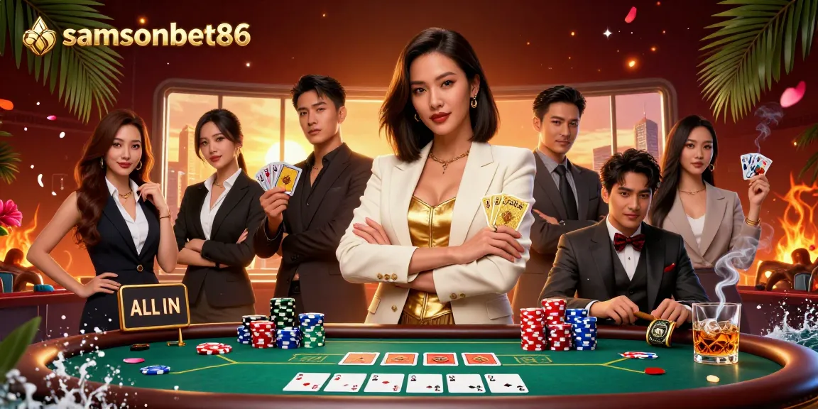 Experience the energetic atmosphere of samsonbet86 with a powerful Asian woman holding golden cards in a vibrant casino scene.