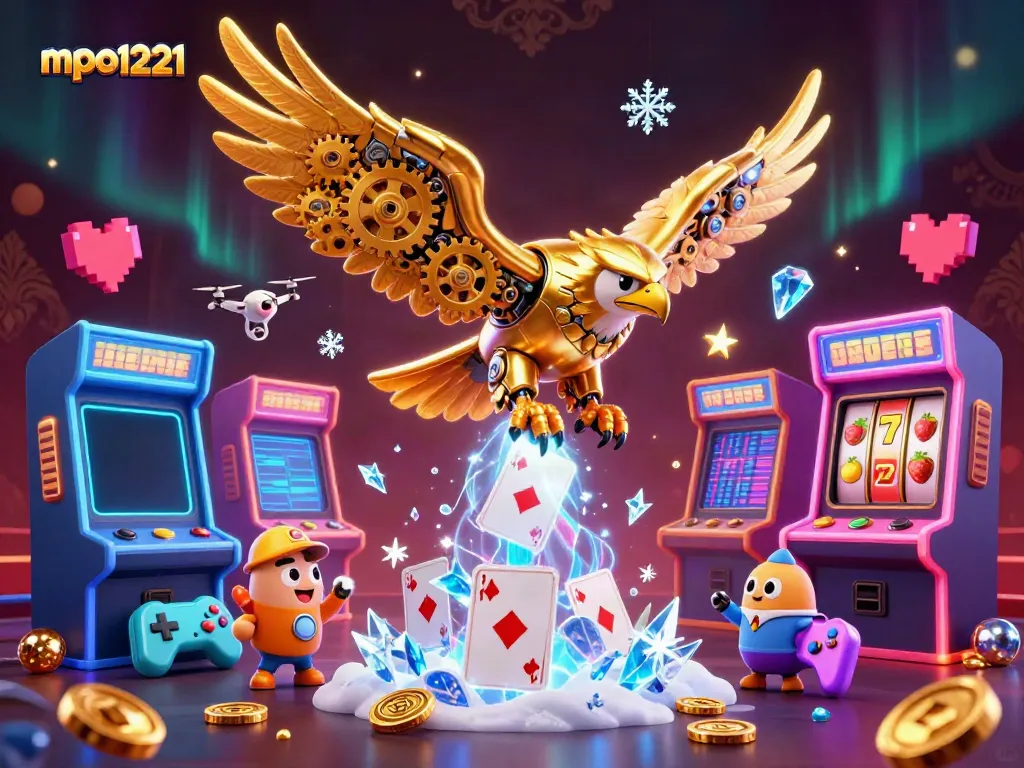 Experience the excitement with mpo1221 as a cybernetic eagle dives through holographic playing cards and slot reels.