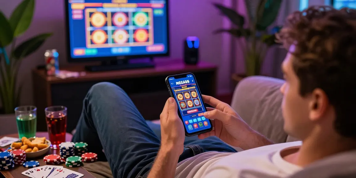 Player enjoying MEGA88 on a smartphone surrounded by casino chips and cards