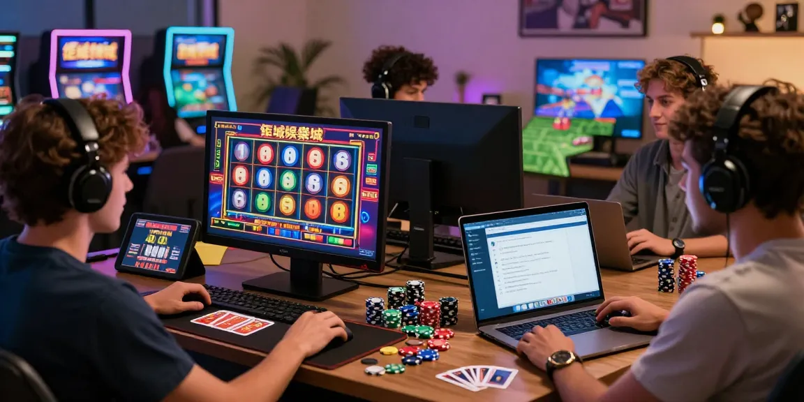 Players enjoying 鉅城娛樂城 in a vibrant online gaming setup, highlighting slots and live sports betting.