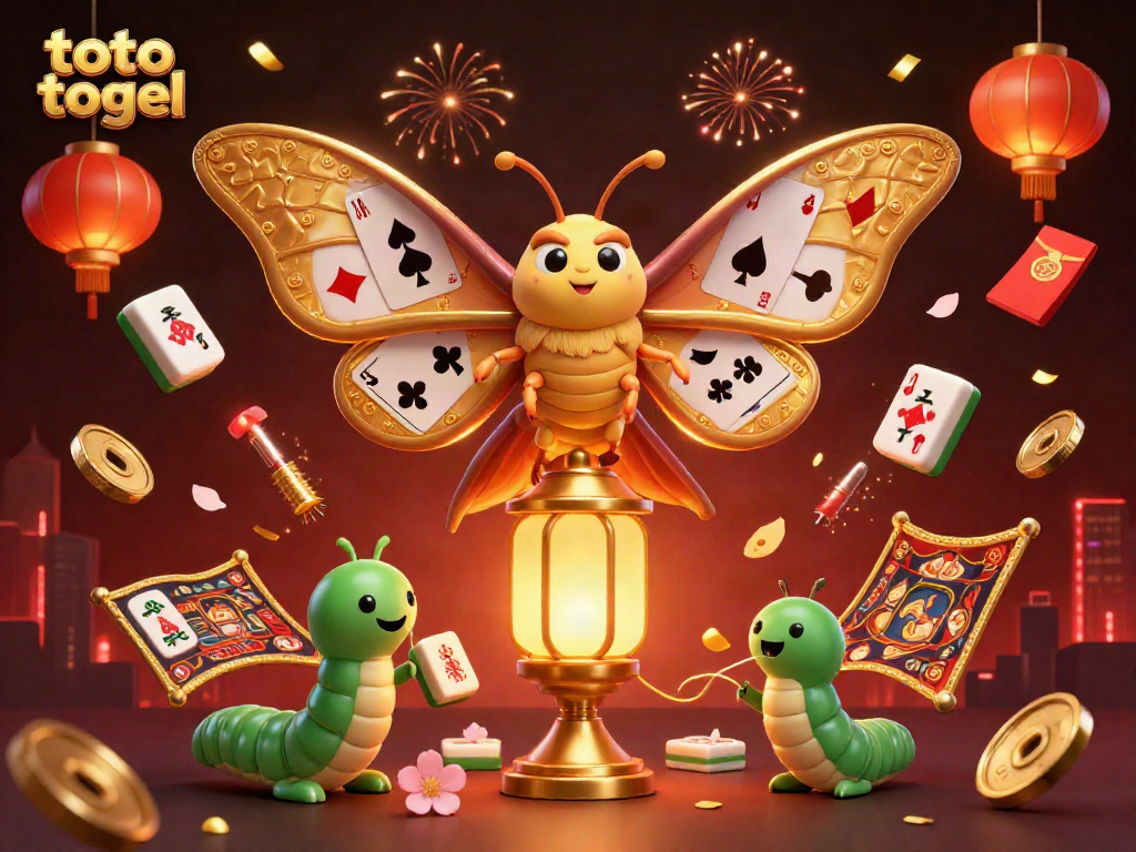 Toto togel showcases a vibrant 3D scene with a golden moth, lanterns, and festive casino elements.
