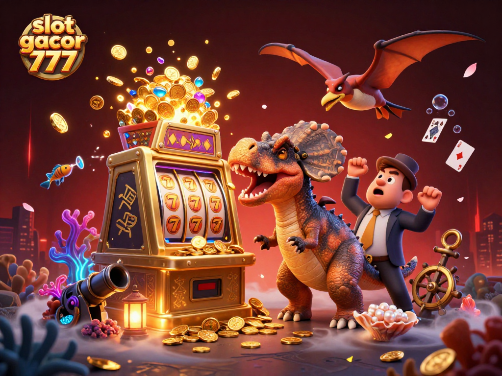 Watch the slot gacor 777 come alive as cartoon dinosaurs interact with a golden slot machine!