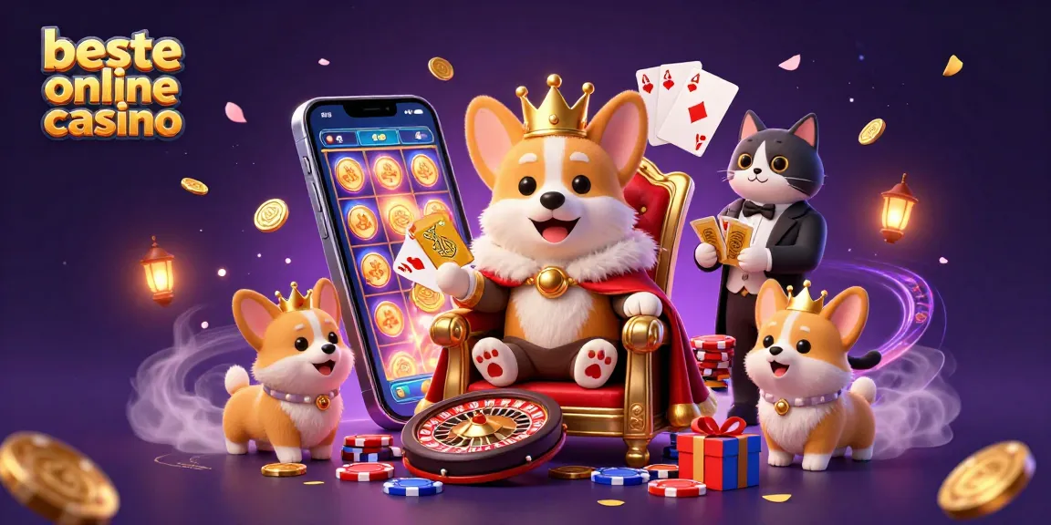 Engage with the beste online casino world featuring a royal corgi on poker chips amid gaming excitement.