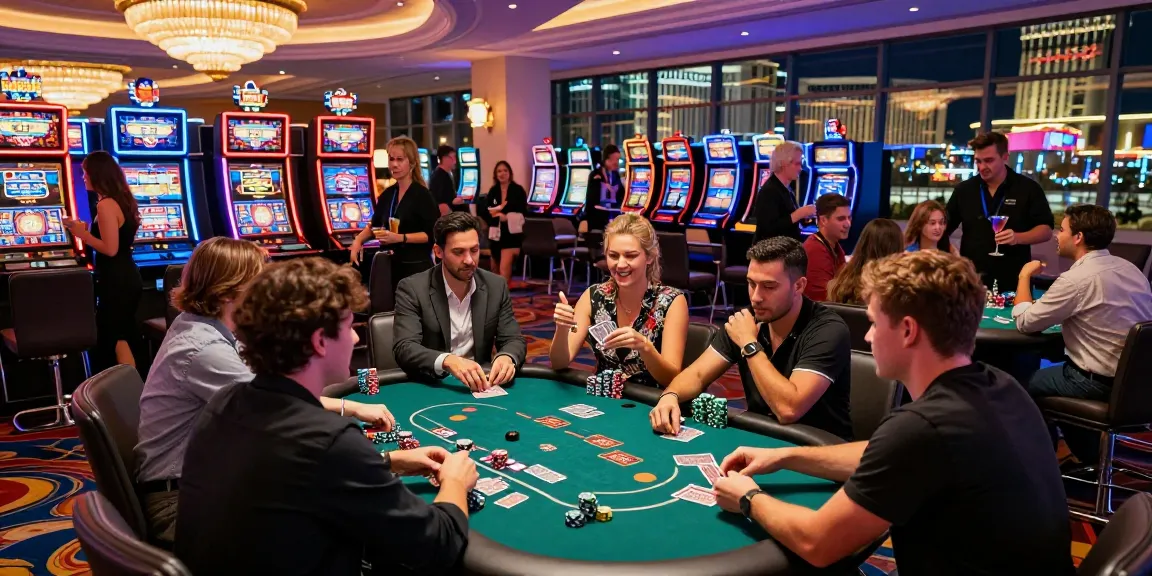 Exciting gambling and casino news scene with friends at a poker table in Las Vegas.