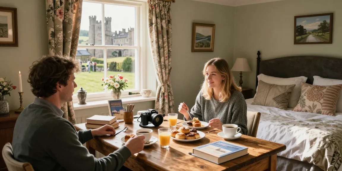 Inviting guesthouse Skipton room with breakfast setup and scenic views