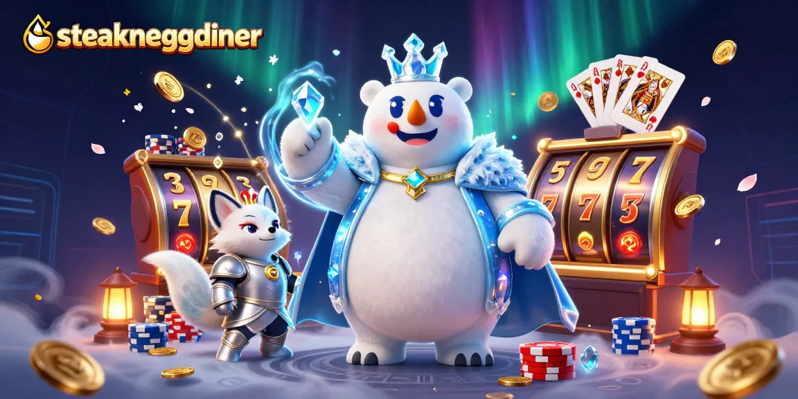 Engage with the steakneggdiner experience as a polar bear king showcases luck with slot reels in a vibrant casino setting.