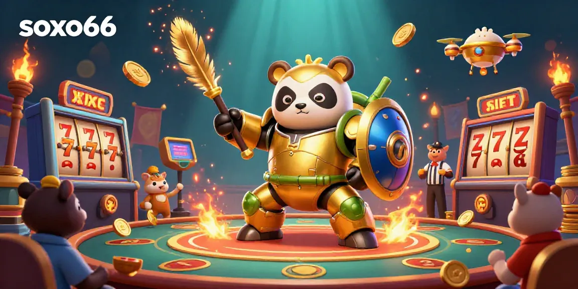 Experience the thrill of soxo66 with a vibrant 3D casino scene featuring a gold panda and interactive game elements.