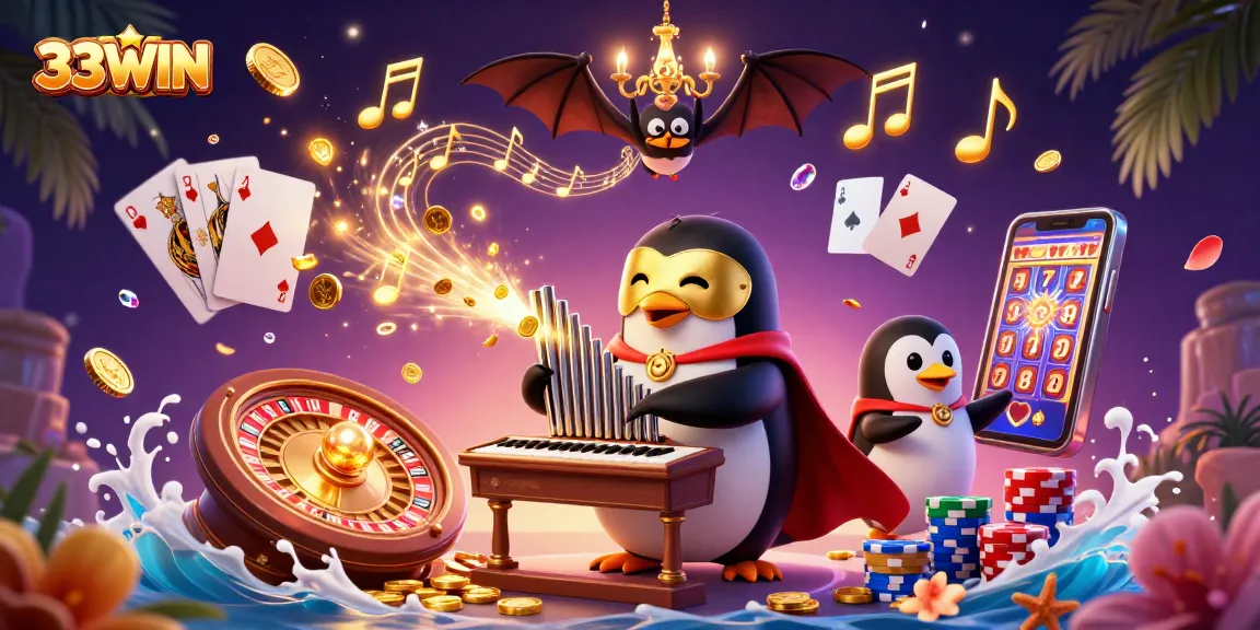 Experience the thrill of winning with 33WIN's dynamic casino scene featuring an opera penguin and golden coins.