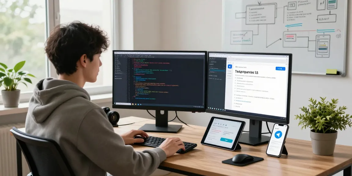 Developer reviewing Telegram iOS China app features in a vibrant workspace.