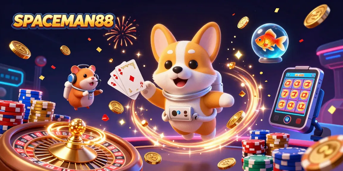 SPACEMAN88 entertains with a 3D cartoon scene of an astronaut corgi and friends enjoying a floating casino adventure.