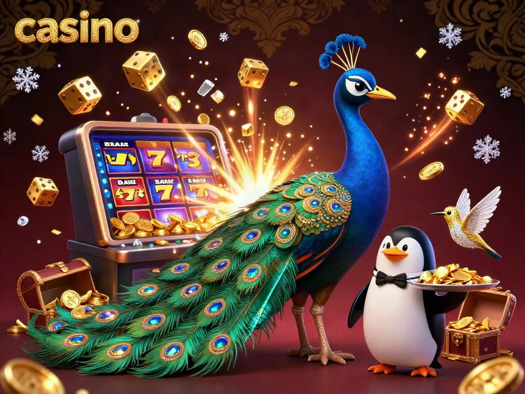 Experience the excitement of a vibrant casino with a peacock, penguin, and hummingbird amidst slot machines and jackpot wins.