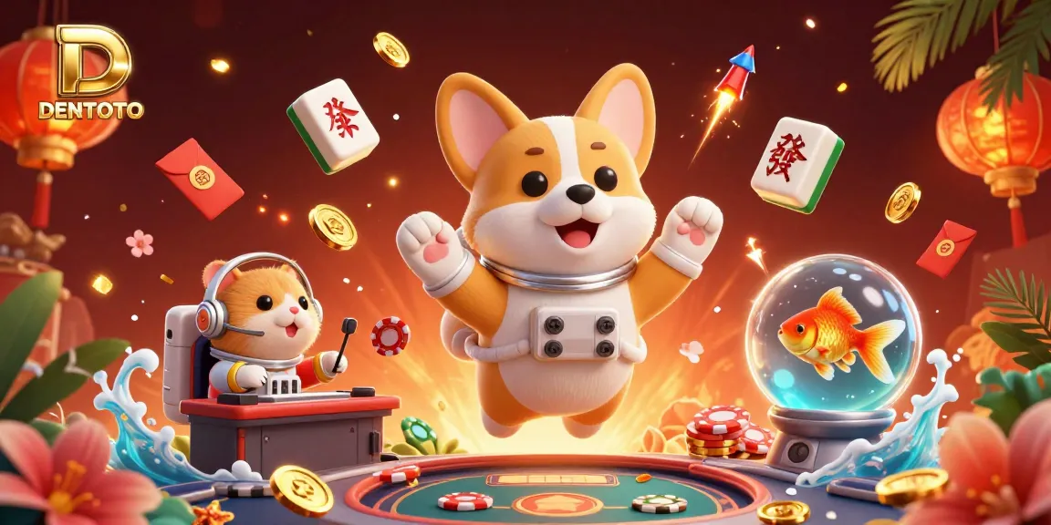DENTOTO offers an exciting casino experience with a floating astronaut and vibrant gambling elements.