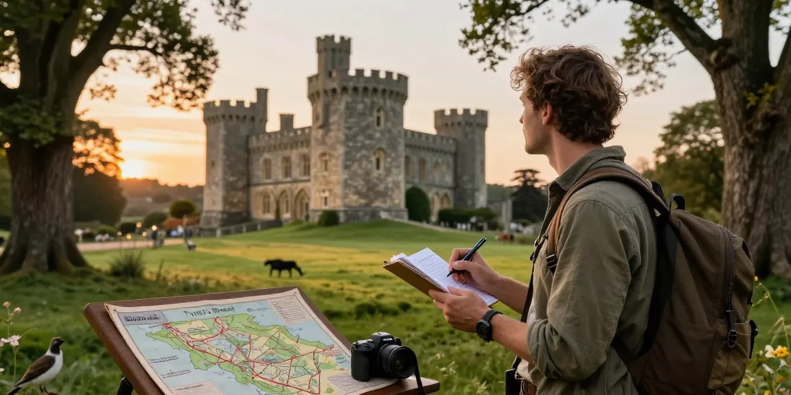Tynte's Castle exploration scene showcasing https://tyntescastle.com, with an adventurer appreciating historical landmarks.