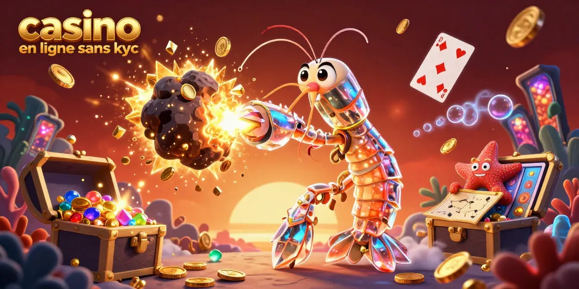 Plongée ludique au sein du casino en ligne sans KYC, avec des personnages vibrants parmi les trésors et éléments de jeu.