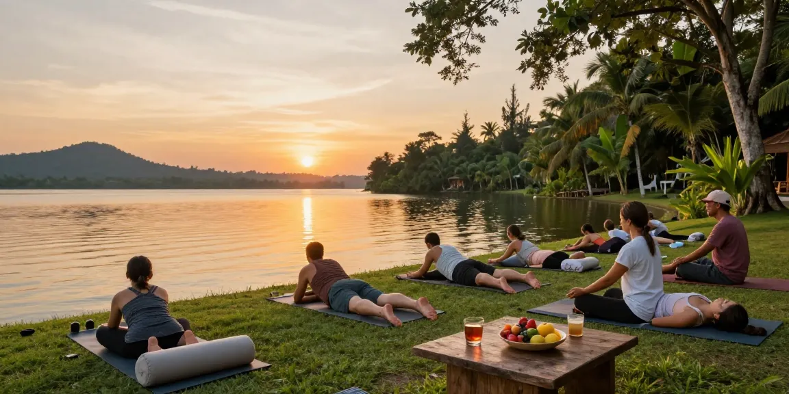 Best yoga retreats Sri Lanka 2026 with serene lakeside yoga practices at sunset, surrounded by lush nature.